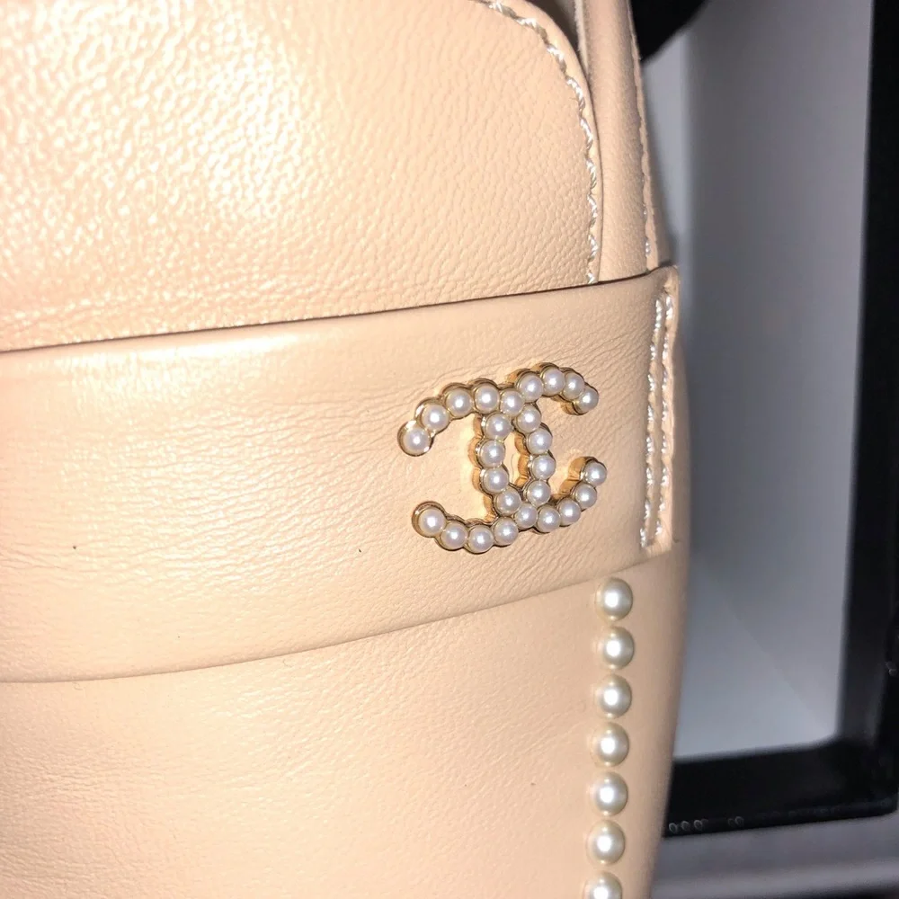 Chanel Beige Leather Pearl-Trim Loafer Mules Size 38